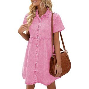 Women's Pink Short Sleeve Button Down Flowy Tiered‎ Mini Babydoll Denim Dresses